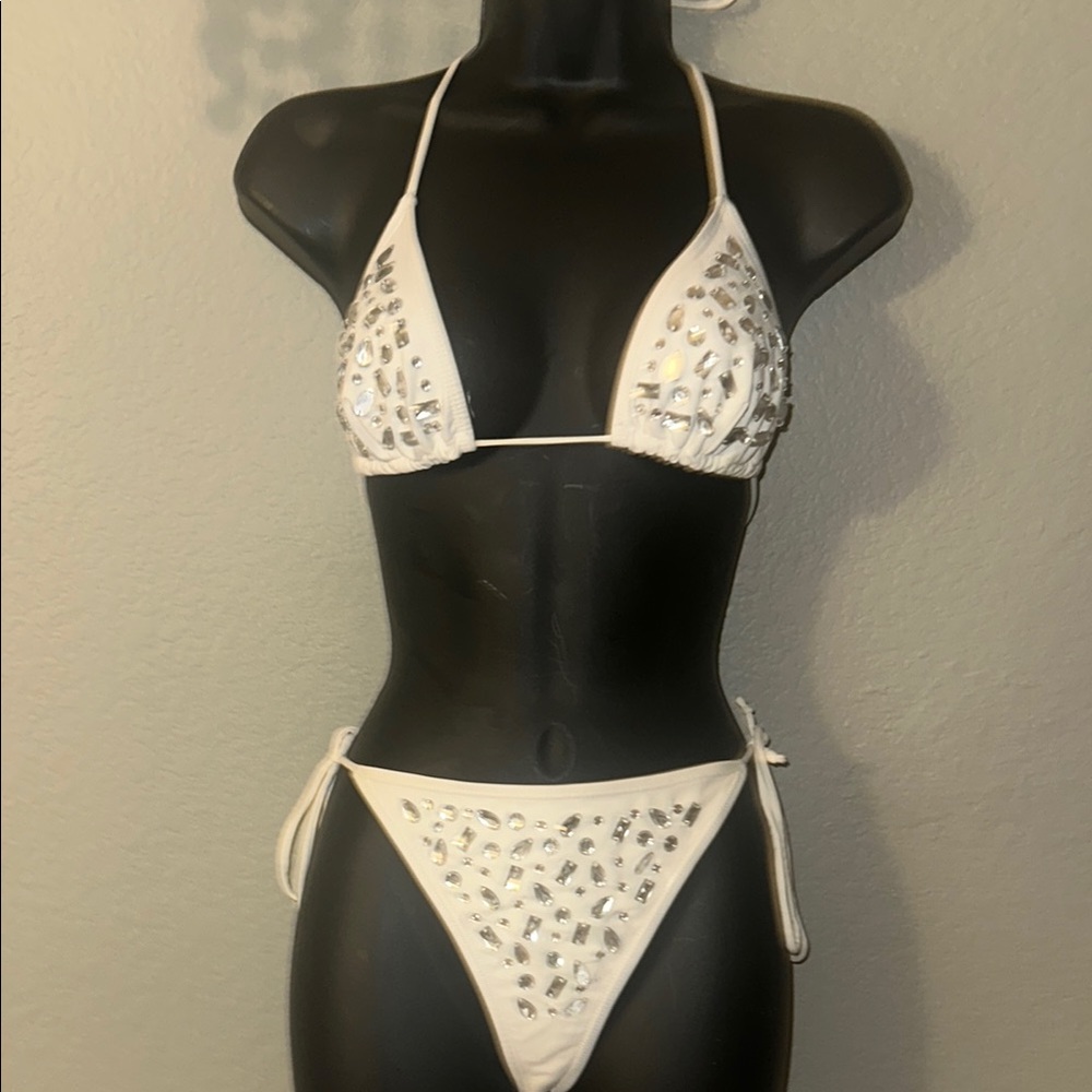 White Embellished Bikini Set
